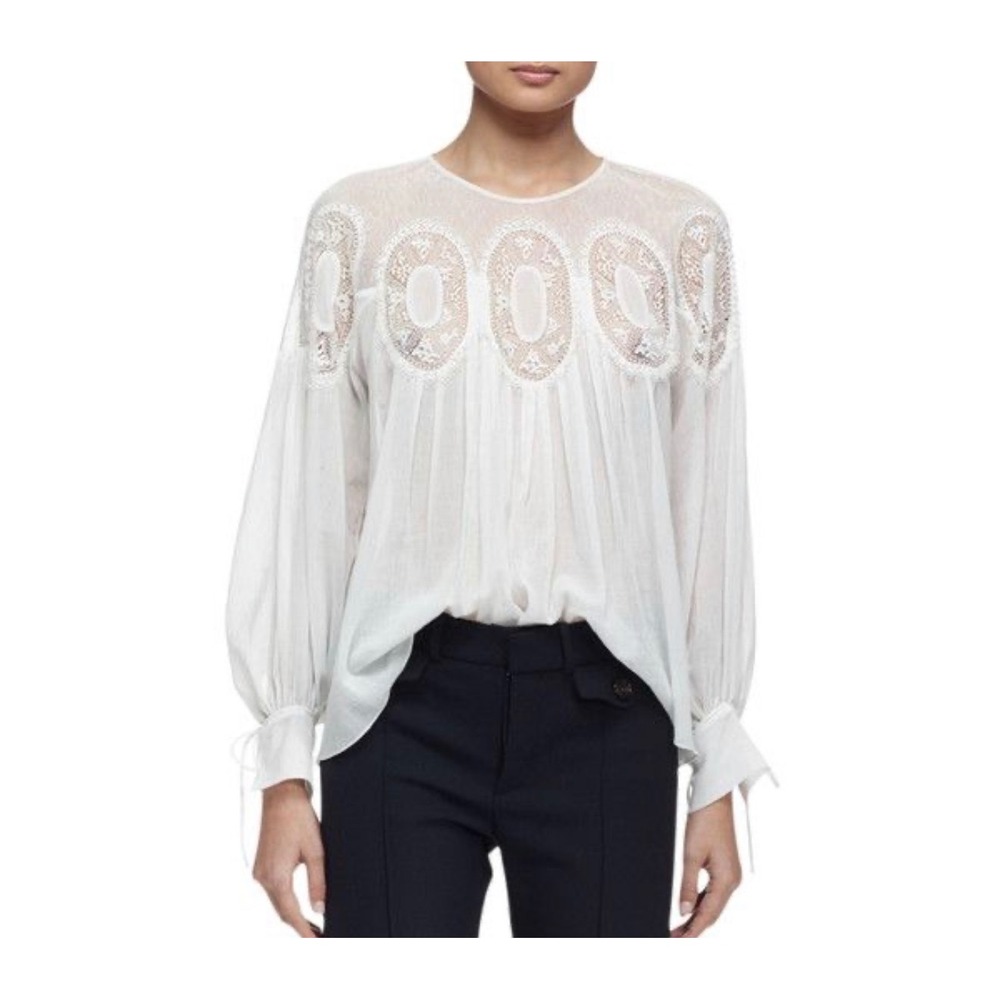 CHLOE White Lace Mesh Cotton Silk Blouse 36 US 4